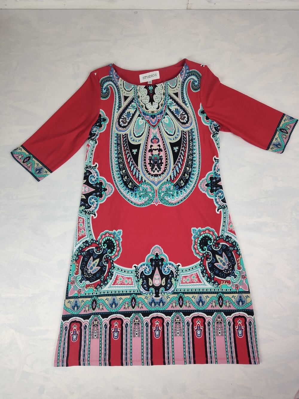 Studio 1 Dopamine Red vibrant Paisley Hippie Women's Dress Size 8